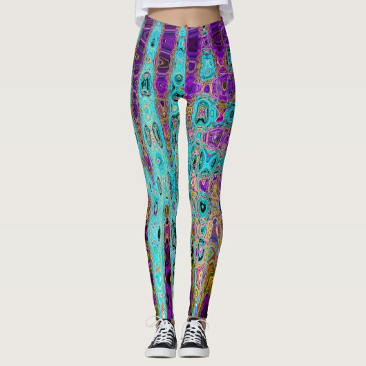 Icy Aqua Blue Groovy Abstracte Retro Atoomgolven Leggings (Voorkant)