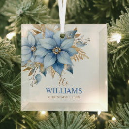 Icy Blauw Goud Poinsettia Bloem Kerstboom Glas Ornament