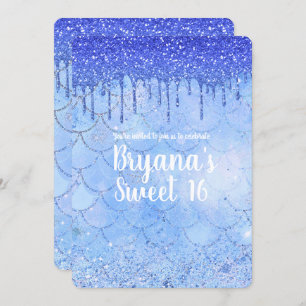 Icy Blue Glitter Drip Mermaid Sweet 16 Party Kaart