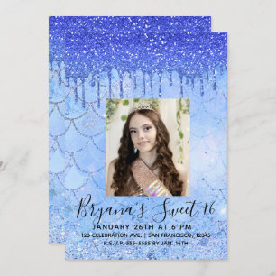 Icy Blue Glitter Drip Zeemeermin Sweet 16 Foto Kaart