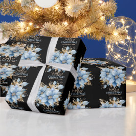 Icy Blue Gold Poinsettia Bloem Kerstmis | NAAM Cadeaupapier