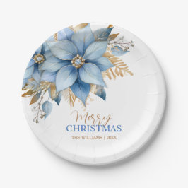 Icy Blue Gold Poinsettia Bloem Kerstmis Papieren Bordje