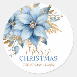 Icy Blue Gold Poinsettia Bloem Kerstmis Ronde Sticker