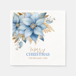 Icy Blue Gold Poinsettia Bloem Kerstmis Servet
