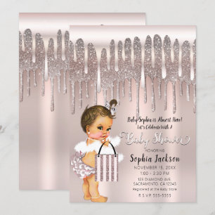 Icy Pink Rose Diamond Glitter Drip Baby shower Inv Kaart