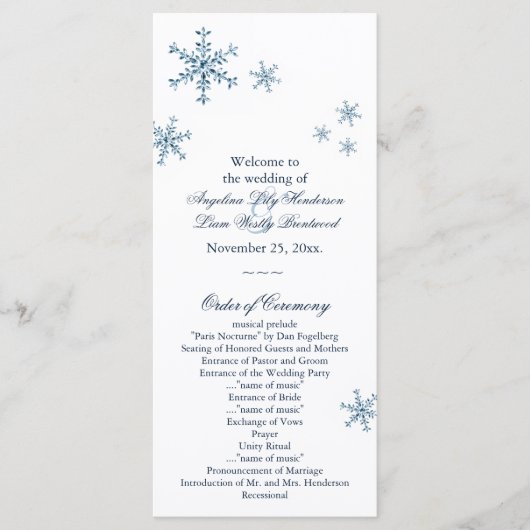 Icy Winter Snowflake Kleine bruiloft programma (Voorkant)