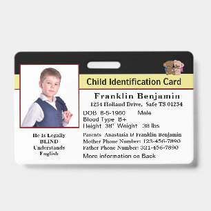 ID Identificatie Kaart Kind Baby Foto Noodsituatie Badge