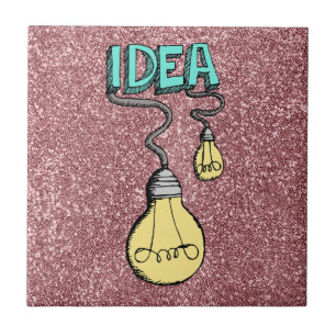 Idee - Retro gloeilamp ontwerp op roze glitter Tegeltje