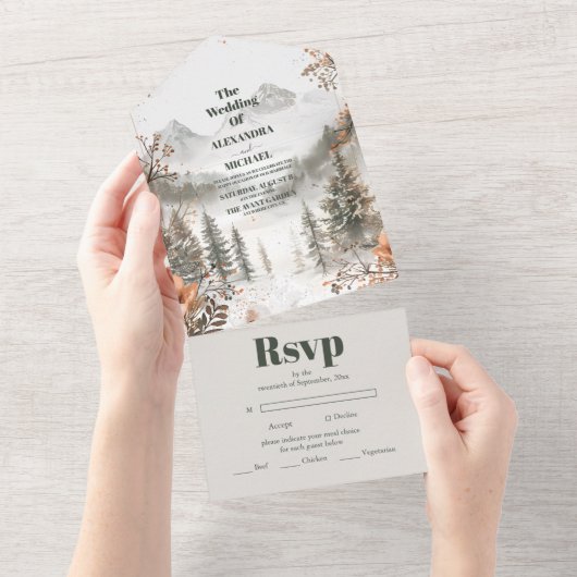 Idyllic Waterverf Mountain Winter Weddenschap All In One Uitnodiging (Afscheurbaar)