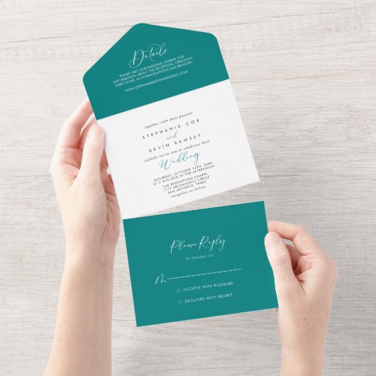 Idyllische Blauwgroen bruiloft voor kalligrafie All In One Uitnodiging (Afscheurbaar)