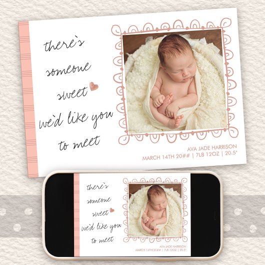 Iemand zoet om 2 Foto Baby Girl Birth te ontmoeten Aankondiging