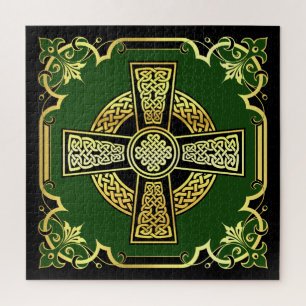 Iers Keltisch kruis/zwart/goud/groen fancy ontwerp Legpuzzel