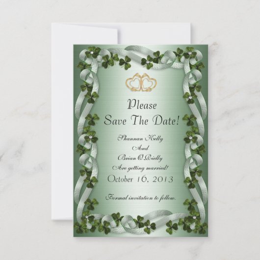 Ierse bruiloft bewaar de datum shamrocks en linten save the date (Voorkant)