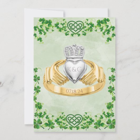 Ierse Claddagh Ring Shamrocks & Keltische Liefdesk Save The Date (Achterkant)