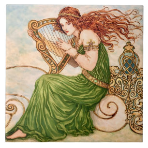 Ierse Godin die Harp Speelt – Keltische Art Nouvea Tegeltje