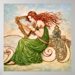 Ierse godin die op harp speelt – Keltische art nou Poster