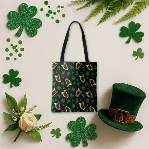 Ierse Harp en Shamrock Patroon Zwart Draagtas