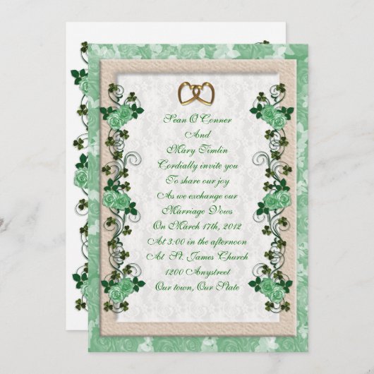 Ierse huwelijksuitnodiging Shamrocks en rozen Kaart (Voorkant / Achterkant)