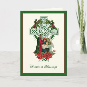 Ierse Kerstmis Maagd Maria Jezus Poinsettia's Feestdagen Kaart