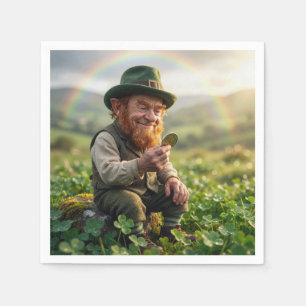 Ierse Leprechaun die een gouden munt bewondert Servet
