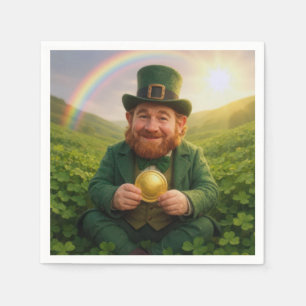 Ierse Leprechaun Met Gouden Munt en Regenboog Servet