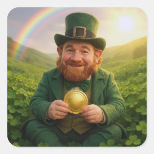 Ierse Leprechaun Met Gouden Munt en Regenboog Vierkante Sticker