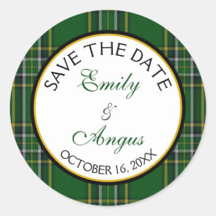 Ierse Nationale Tartan Bruiloft Save the Date Ronde Sticker