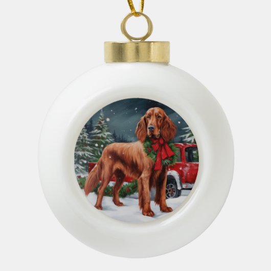 Ierse rode setter hond in sneeuw kerst keramische bal ornament (Voorkant)