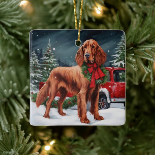 Ierse rode setter hond in sneeuw Kerstmis Keramisch Ornament (Boom)