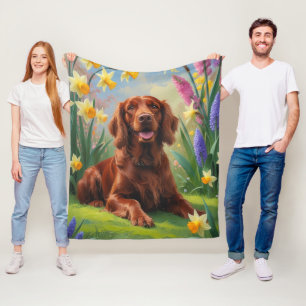 Ierse rode setter hond lente bloemen schilderij fleece deken