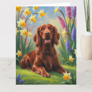 Ierse rode setter hond lente bloemen schilderij kaart