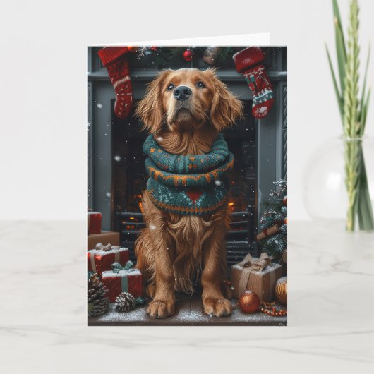 Ierse Rode Setter Hond Met Kerstcadeau Open haard Kaart (Voorkant)
