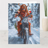 Ierse rode setter hond rijden motorfiets kerst kaart (Voorkant)