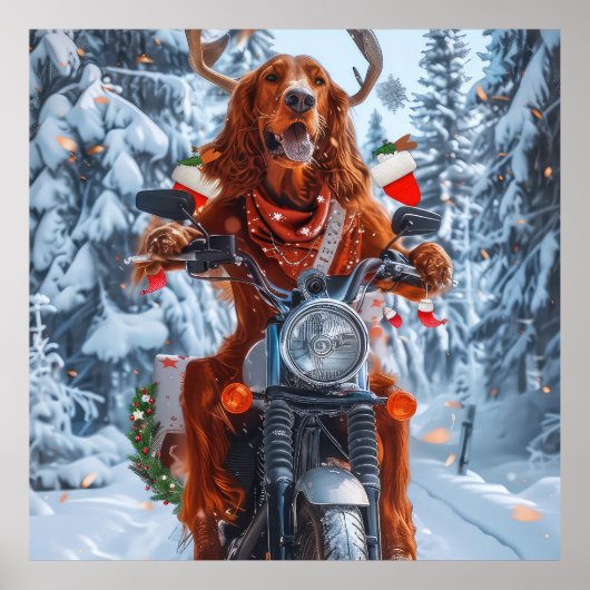 Ierse rode setter hond rijden motorfiets kerst poster (Voorkant)