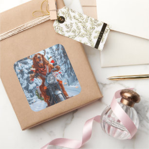 Ierse rode setter hond rijden motorfiets kerst vierkante sticker