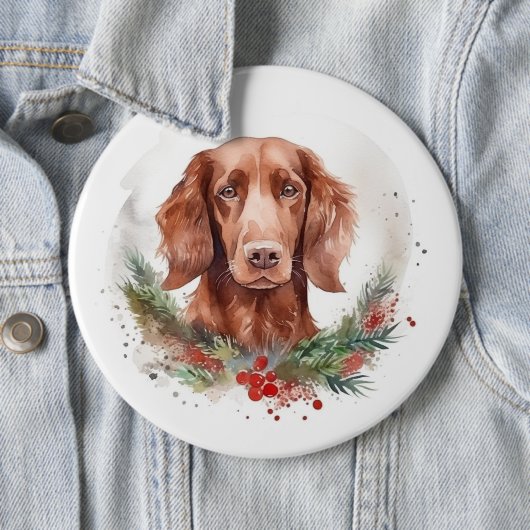 Ierse rode setter kerst krans feestelijke pup ronde button 6,0 cm (In situ)