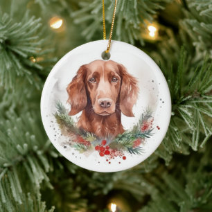 Ierse Rode Setter Kerstkrans Feestelijke Pup Keramisch Ornament