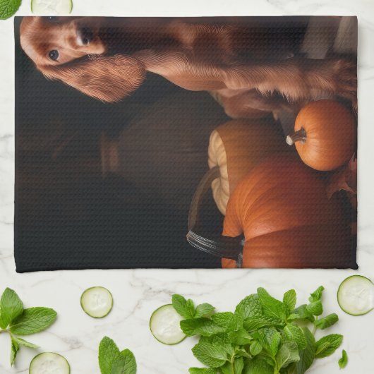 Ierse Rode Setter Puppy Herfst Delight Pompoen Theedoek (Gevouwen)