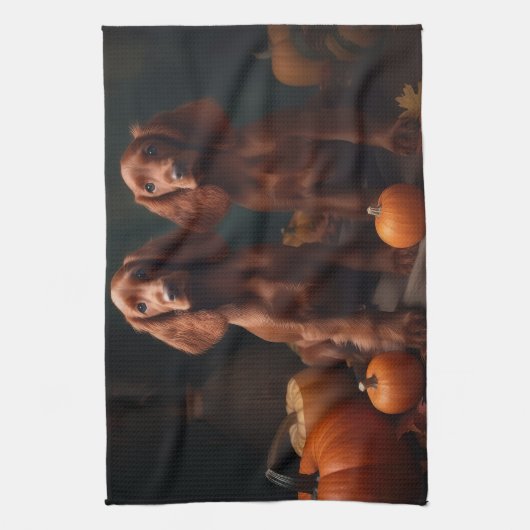 Ierse Rode Setter Puppy Herfst Delight Pompoen Theedoek (Verticaal)