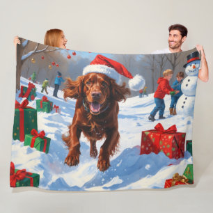 Ierse Rode Setter Rent Door Sneeuw met Kerstmuts Fleece Deken