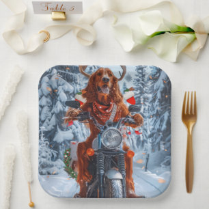 Ierse Rood Setter Hond Rijdt op Motorfiets Kerstmi Papieren Bordje