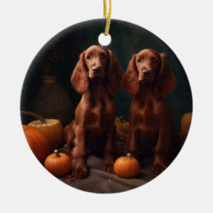 Ierse Rood Setter Puppy Herfst Plezier Pompoen Keramisch Ornament
