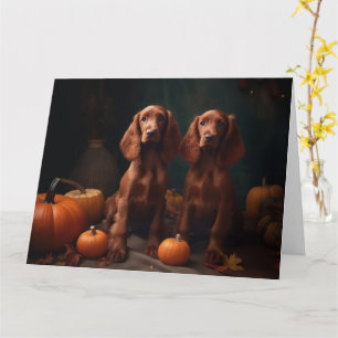Ierse Roodharige Setter Puppy Herfstpracht Pompoen Kaart