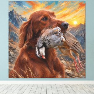 Ierse Setter met Chukar Patrijs ,Kunst Canvas Afdruk