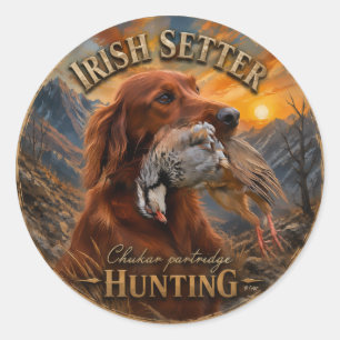 Ierse Setter met Chukar Patrijs ,Kunst Ronde Sticker
