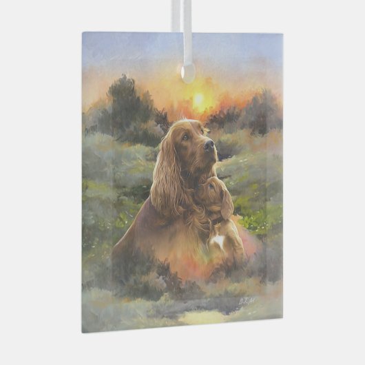 Ierse setter met puppy glas ornament (Voorkant Rechts)