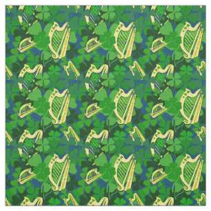 Ierse shamrock, zwart, Ierse harp print, blauw 7s Stof