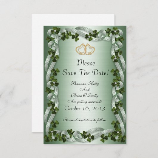 Ierse trouwkaart save the date klavertjes en linte (Voorkant / Achterkant)