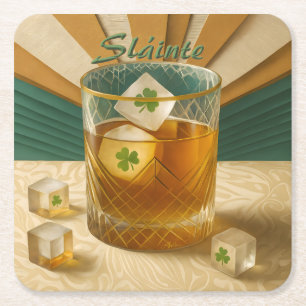 Ierse Whiskey Tumbler Shamrock Ijs "Sláinte!" Vierkante Kartonnen Onderzetter