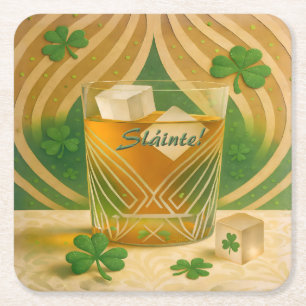 Ierse Whiskey Tumbler "Sláinte!" met Shamrock Vierkante Kartonnen Onderzetter